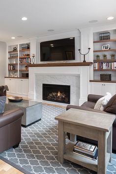 a living room with two couches and a tv above the fireplace in front of bookshelves