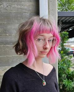 Hey, check out this vibrant cut! Longer strands in the front with a pop of pink framing the face gorgeously. Those straight-across bangs add a fun twist. It's a daring yet sweet mix of natural and bold colors. Click for more inspirations and follow us on Pinterest for endless style ideas! ** Photo Credit: Instagram @funkeecuts Straight Across Bangs