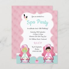 Girls Spa Invite Pamper party Make up invitation Size: 4.25" x 5.5". Gender: unisex. Age Group: adult. Material: Semi-Gloss. Beauty Name Ideas, 8 Birthday, Spa Birthday Parties, Spa Birthday, Pamper Party, Spa Party, 12th Birthday, Online Invitations, Invitation Sizes