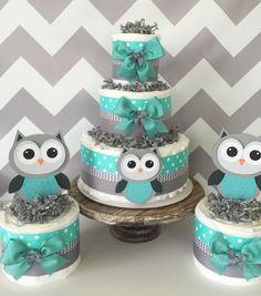 three tiered cake decorated with owls and bows