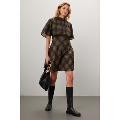 Green plaid cotton (100% Lyocell). Blouson. Short sleeves. Mock neck. Pull on. 32.5" from shoulder to hemline. Imported. Knee-length Plaid Workwear Dresses, Retro Short Sleeve Plaid Dress, Plaid Mini Dresses With Button Closure, Plaid Cotton Knee-length Mini Dress, Plaid Mini Dress With Button Closure, Rent The Runway, Green Plaid, Closet Designs, Mock Neck