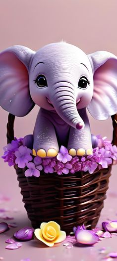 an elephant is sitting in a basket with flowers