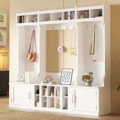 a white shelf with two mirrors and purses on it next to a plant in a living room