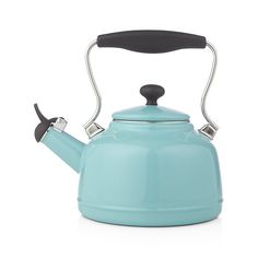 a blue tea kettle with a black handle