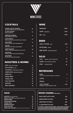 a black menu with white lettering on the front and back of it, including drinks