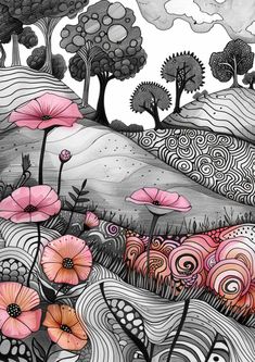 a drawing of pink flowers and trees on a hill with swirly clouds in the background