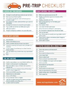 a printable pre - trip checklist is shown in the middle of this page