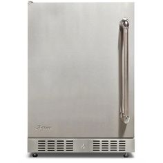 a stainless steel freezer with the door open and handle on it's side