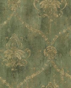 an old green and gold wallpaper with ornate designs on it's surface,