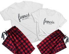 "➽ Price for 1 Pajama Set (1 shirt and 1 pants in total) ➽ Add each Set separately to your shopping cart. Celebrate this Christmas with these beautiful matching pajamas for couple. They make the perfect outfit for your Christmas Family Photos. Mix and Match the shirt's color by your choice! HOW TO ORDER: 1. Select Shirt Color + Size from the first drop down menu. 2. Select Pants Size from the second drop down menu 3. Enter your personalization: * Example: \"Fiancé Est. 2020\" \"Fiancée Est. 2020 Matching White Christmas Sets, White Matching Christmas Sets, White Family Matching Sets For Holidays, Matching White Christmas Sleepwear, White Matching Christmas Sleepwear, Family Matching White Holiday Sleepwear, Family Matching Holiday Sleepwear In White, White Family Matching Holiday Sleepwear, White Holiday Sets For Pajama Party