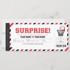 the surprise basketball game ticket is shown on a marble surface with red and black stripes