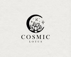 the logo for cosmic lotus is shown in black and white, with stars above it