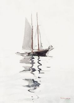 a painting of a sailboat in the water on a foggy, overcast day