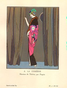 an illustration of a woman in a pink dress standing next to curtained drapes