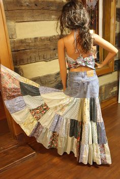 Upcycled Denim Skirt Hippie Patchwork Skirt Long by Sweetbriers Diy Patchwork Skirt Pattern, Patchwork Skirt Diy, Diy Hippie Clothes, Upcycling Ideas Clothes, Diy Boho Clothes, Upcycled Denim Skirt, Jeans Upcycle, Diy Denim Skirt, Artisanats Denim