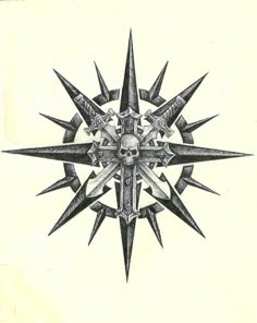 a black and white drawing of a star with skulls on it's sides, in the center