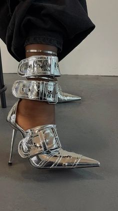 Chrome Outfits, Custom Heels, Buckle Heels, Shoe Inspo, Aesthetic Shoes, Swag Shoes, Silver Shoes, July 25