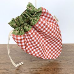 a red and white checkered cloth with a green bow on it's back