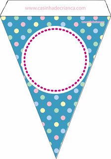 a blue triangle shaped banner with polka dots on the bottom and a circle at the center