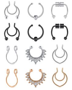 six pairs of nose rings with different shapes and designs on each one, all in various colors