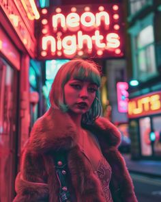 a woman standing in front of neon lights on a city street with a fur coat over her shoulders