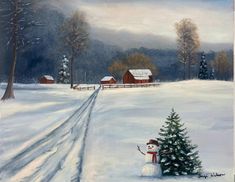 a painting of a snowman next to a small christmas tree in the middle of a snowy field