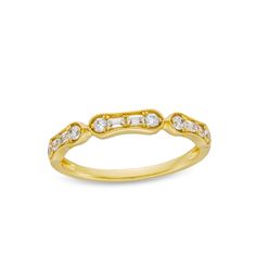 They’ll adore the vintage-inspired details of this baguette-cut and round diamond anniversary band. 10K gold Each bamboo-like section is set with pairs with baguette-cut and round diamonds Intricate milgrain borders lend heirloom appeal to the look Lovely worn alone, stacked or paired with bridal jewelry 1/4 ct. t.w. of diamonds Classic Gold Baguette Diamond Ring, Classic Baguette Ring For Anniversary, Classic Baguette Shaped Anniversary Rings, Classic Gold Ring With Baguette Diamonds, Classic Yellow Gold Ring With Baguette Diamonds, Classic Baguette Diamond Ring With Single Cut Diamonds, Diamond Anniversary Bands, Diamond Anniversary, Baguette Cut