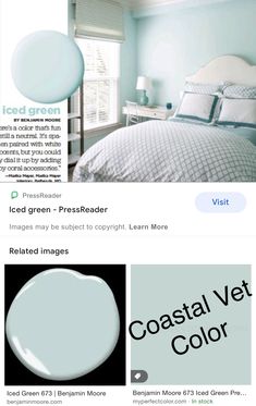 a bed room with a neatly made bed next to a window and an advertisement for coastal vet color