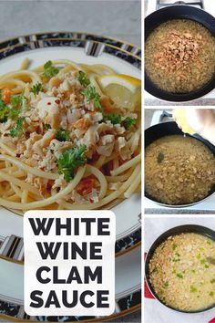 white wine clam sauce in a skillet with four different pictures showing it being cooked