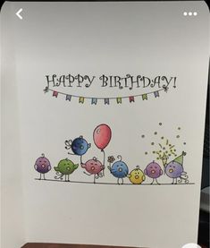 a happy birthday card with birds and balloons