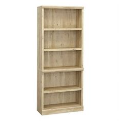 a wooden bookcase with three shelves on each side