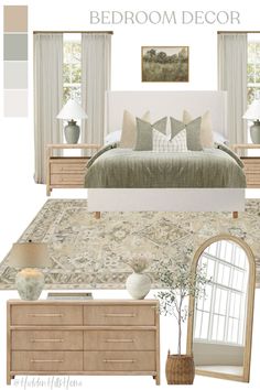 the bedroom is decorated in neutrals and whites