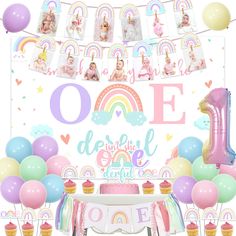 a birthday party with balloons, cake and decorations