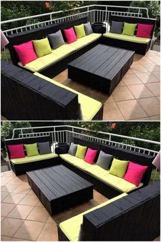 an outdoor couch made out of pallet wood and black with pink, yellow and green pillows