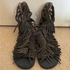 Jeffrey Campbell Fringe Suede Gladiator Sandals In A Pretty Green Grey Color. Size 6 Nwot Leather Open Toe Sandals With Tassels, Leather Summer Heels With Tassels, Summer Leather Heels With Tassels, Jeffrey Campbell Sandals, Black Slingback Heels, Tan Wedge Sandals, White Strappy Sandals, Jeweled Flats, Leather Jewels