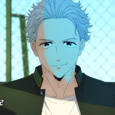 an anime character with blue hair wearing a green jacket