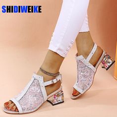 Rhinestone Summer Style Sandals Shoes For Women 2023, Slipper Shoes Women, Bling Fashion, Silver High Heels, Rhinestone High Heels, Spring Sneakers, Glitter Sandals, Womens Sandals Summer, Rhinestone Sandals