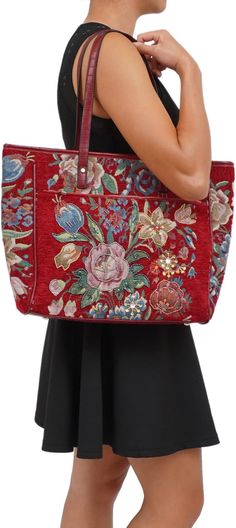 "Fashion fades, only style remains the same." ~Coco Chanel The envy of all. Ornately embroidered beadwork upon eye-watering tapestry combine to create this exquisite catchall tote. Well-crafted and featuring two interior slip pockets and a zippered compartment. 18x5x12". Cotton & Canvas. Red Floral Embroidered Tote Shoulder Bag, Red Floral Embroidery Tote Shoulder Bag, Red Floral Embroidered Tote Bag, Red Woven Shoulder Bag With Double Handle, Red Tote Bag With Floral Embroidery, Red Embroidered Tote Shoulder Bag, Red Embroidered Rectangular Shoulder Bag, Embroidered Tapestry Bag For Everyday Use, Red Tapestry Bag With Rectangular Shape