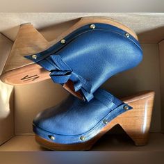 Silvia Cobos Blue Clogs Brand New In Box With Dust Bag. Super Chic And Cuter In Person. Blue Platform Slip-on Clogs, Blue Leather Platform Mules, Blue Clogs With Platform And Round Toe, Casual Blue Clogs With Wooden Heel, Blue Leather Heels With Wooden Heel, Blue Leather Casual Clogs, Casual Blue Leather Clogs, Blue Leather Clogs For Spring, Blue Open Toe Mules With Wooden Heel