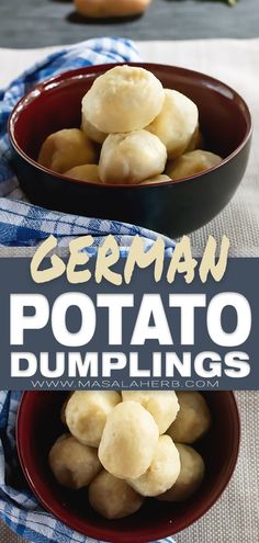 two bowls filled with dumplings sitting on top of a table