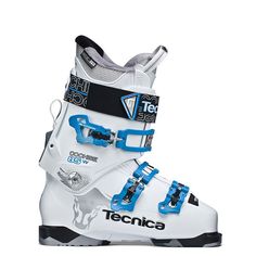 a pair of white ski boots with blue accents