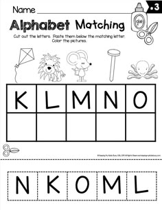 the letter k is for klmno worksheet with an image of animals and letters