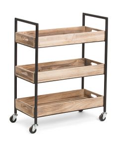 three tiered wooden cart with metal handles