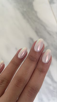 Chrome nails White Crome Nails Almond Short, Chrome Nails White Pearl, White Chrome Almond Nails Short, Chrome Pearl White Nails, White Nails With Pearl Chrome, Pearly White Acrylic Nails, Gel Nails Non Acrylic, White Pearly Acrylic Nails, White Pearls Nails