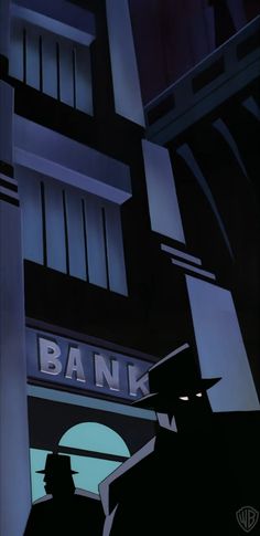 the silhouette of a man standing in front of a bank building at night with an illuminated sign above his head