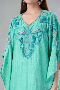 Sea green kaftan with resham, zardozi embroidery in floral pattern on neckline. Paired with matching inner and sea blue pant. - Aza Fashions Green Kaftan, Embroidered Kaftan, Zardozi Embroidery, Silk Embroidery, Sea Blue, Blue Pants, Pants Pattern, Sea Green, Pant Set