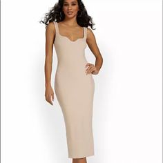 Scoop Neck Ribbed Knit Midi Dress Beige Botany Brand New Chic Ribbed Bodycon Dress With Scoop Neck, Chic Scoop Neck Midi Dress, Elegant Ribbed Bodycon Dress With Scoop Neck, Elegant Beige Knit Bodycon Dress, Chevron Print Dresses, Long Sundress, Green Lace Dresses, Beaded Cocktail Dress, Dress Beige