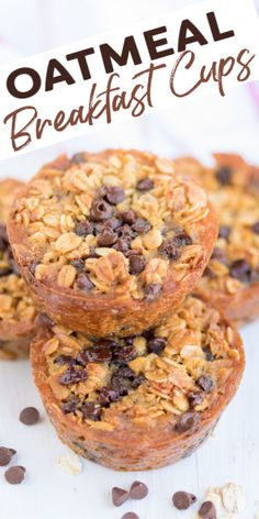 three oatmeal breakfast cups stacked on top of each other with chocolate chips