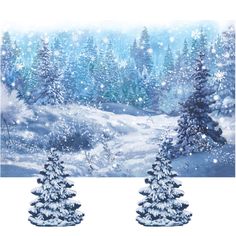 two snow covered trees in front of a snowy landscape