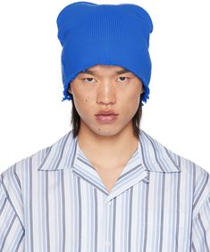 Knit virgin wool beanie in blue. · Mohair-blend jacquard logo at face · Distressing at brim Supplier color: Mazarine blue Blue Wool Beanie, Blue Wool Knitted Beanie, Mazarine Blue, Wool Beanie, Apparel Accessories, Accessories Hats, Mens Accessories, Wool, Luxury Fashion